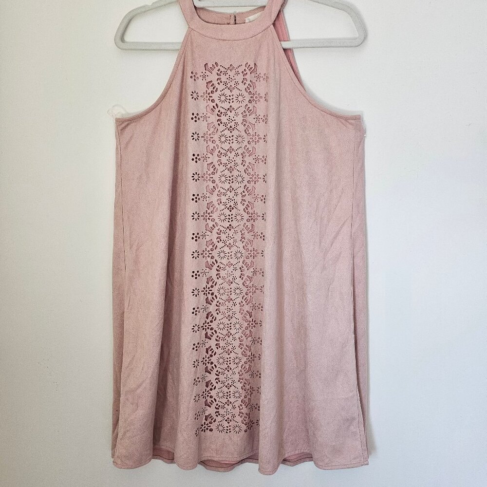 Altar'd State Pink Faux Suede Halter Shift Dress With Eyelet Detailing Size L